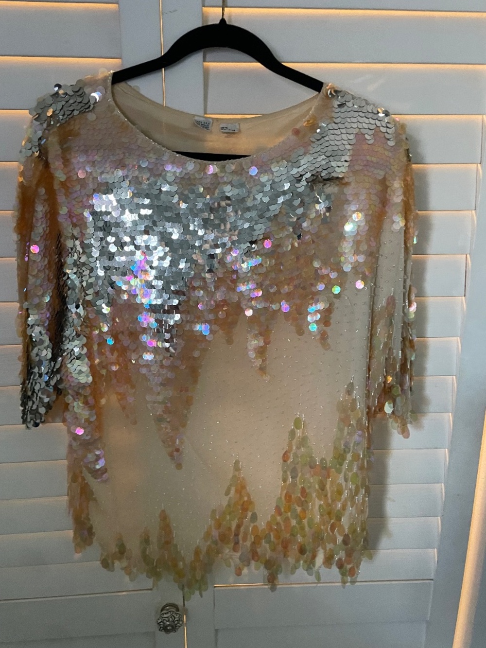 Vintage 80’s Mermaid /Teardrop style Silver Sequin Top silk with Beading